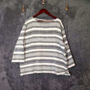 Eileen Fisher System Striped Woven Fringe Sweater Organic Cotton Womens XL